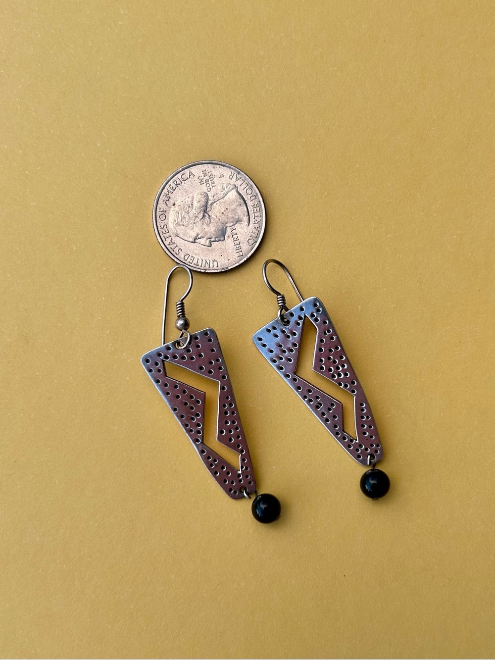 Southwestern Artisan Sterling Silver Geometric Dangle Earrings w/black bead